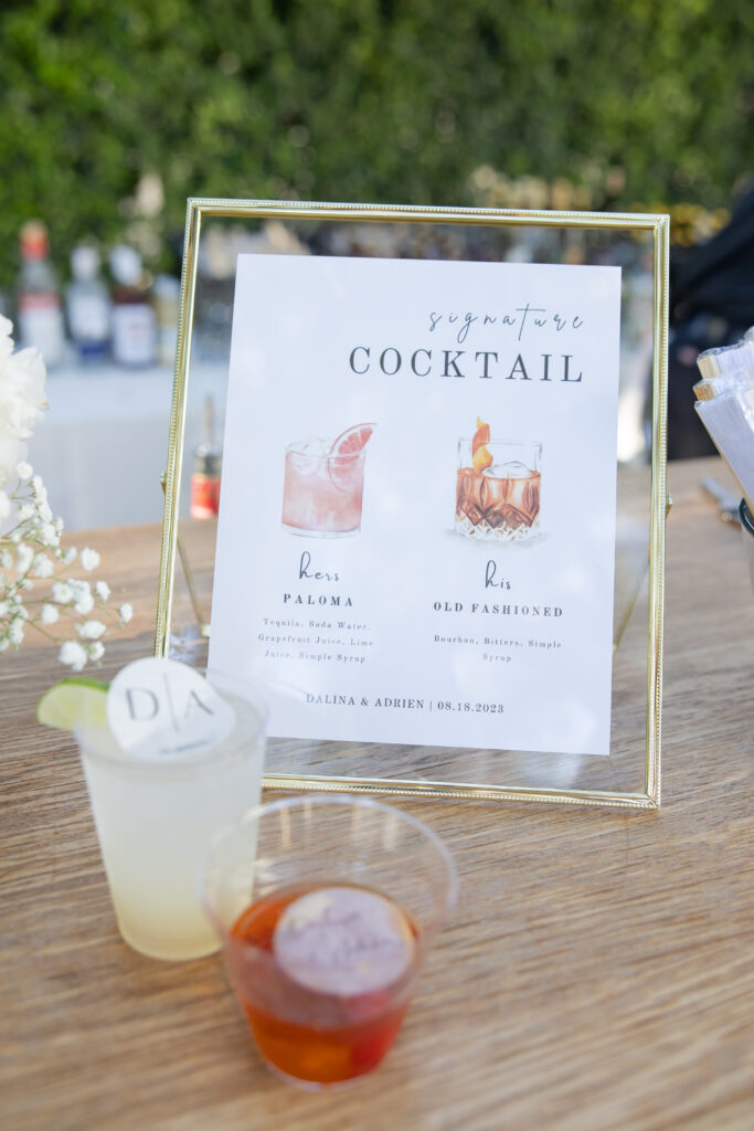 Wedding signature cocktail sign with Paloma and Old Fashioned drink options.