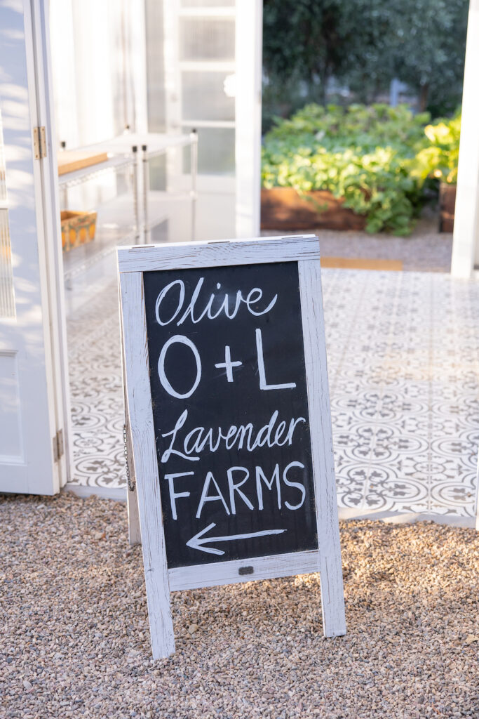 Olive + Lavender Farms chalk sign. 