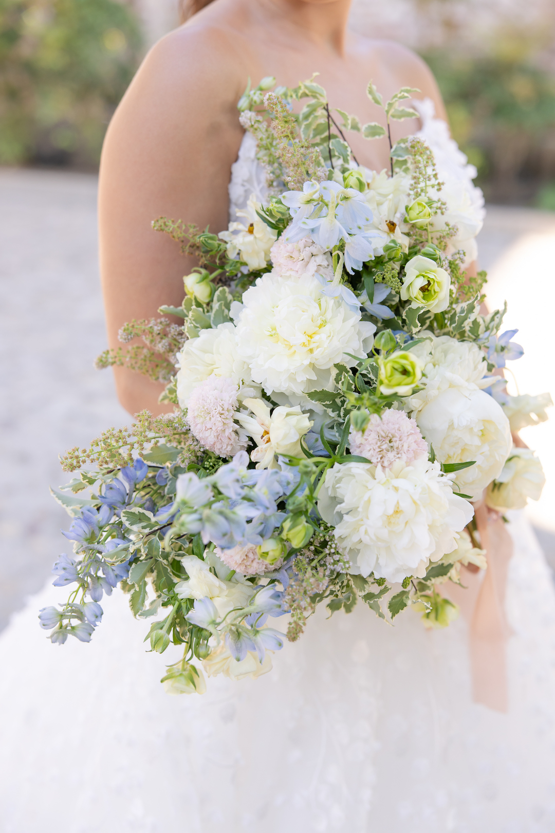 Romantic pastel blue and white oversized wedding bouquet. 