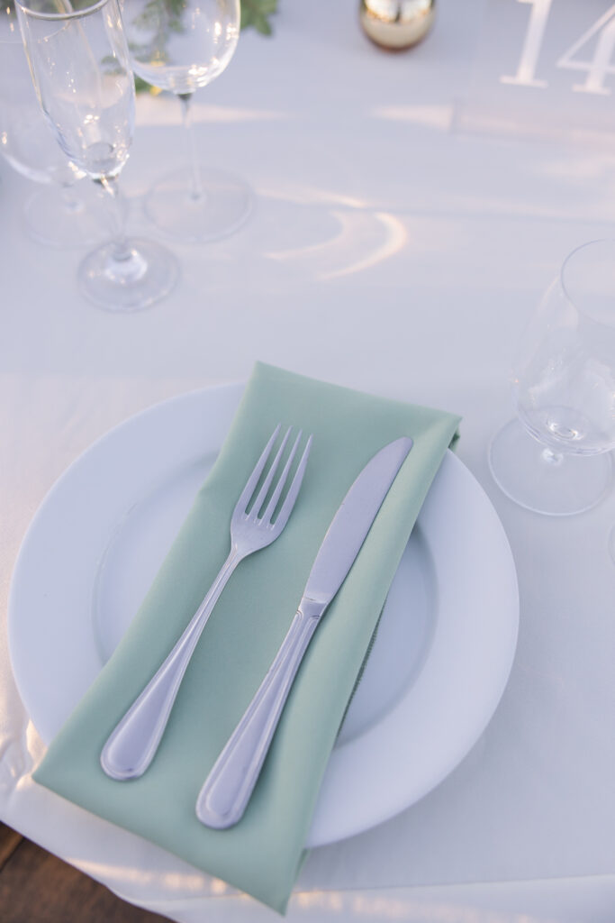 Sage green minimalist wedding table setting. 