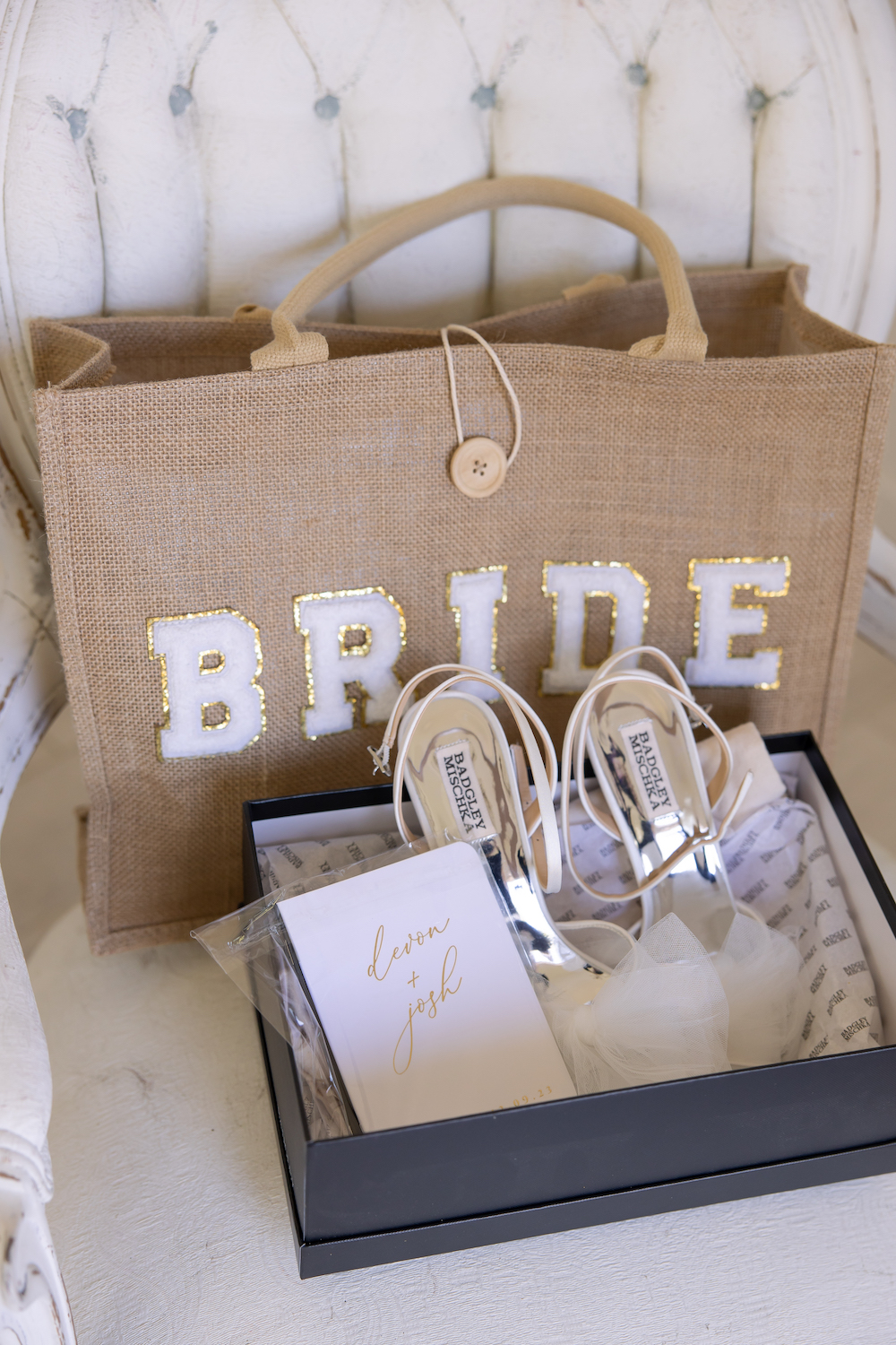Bridal tote bag with the bride's designer shoes in the shoe box. 